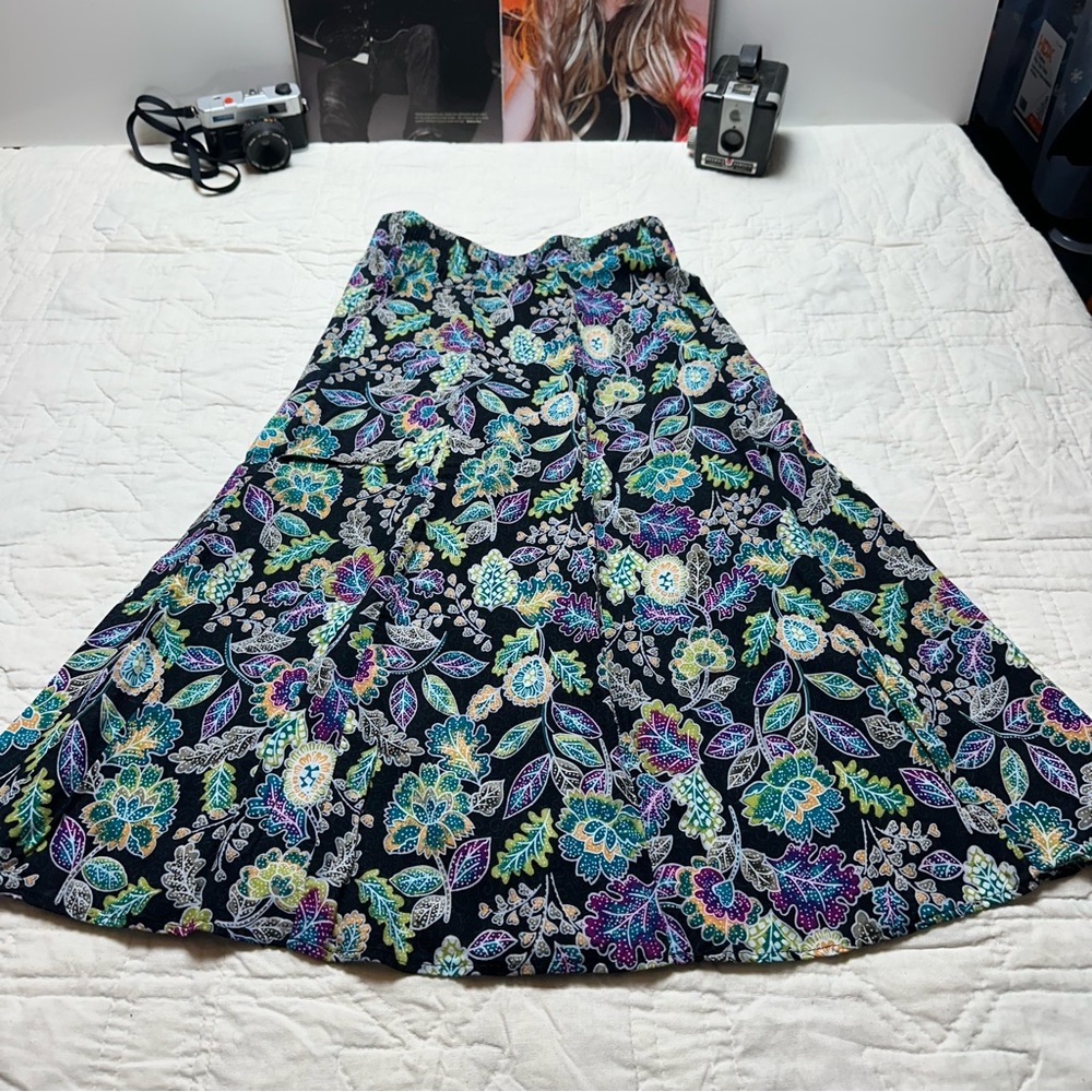 Dark Floral Rayon Midi Skirt |Flowy A-Line Norton McNaughton (Y2K Cottagecore) - Picture 7 of 11